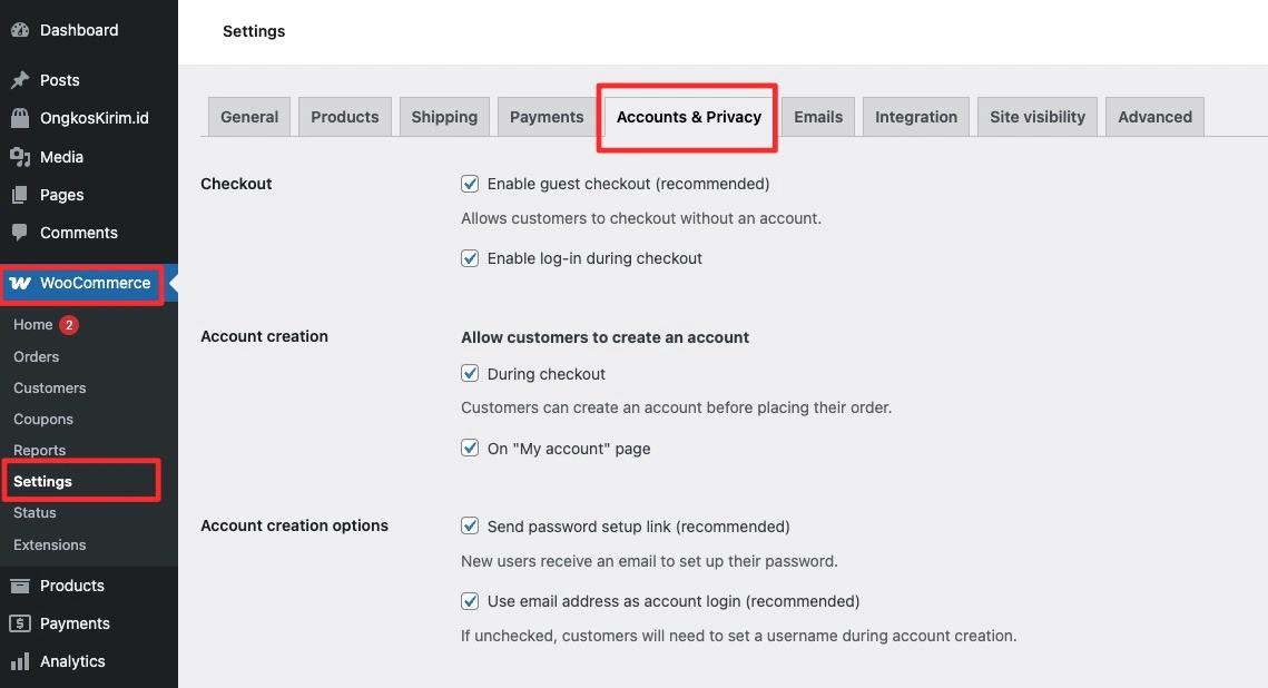 Pengaturan akun member di WooCommerce
