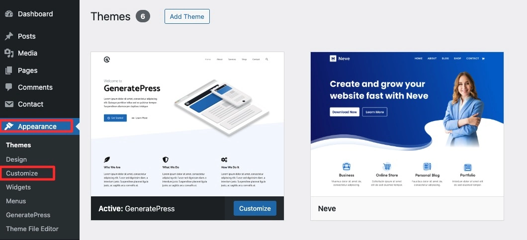 Cara Instal Tema di WordPress 4 Membuka opsi pengaturan tema WordPress