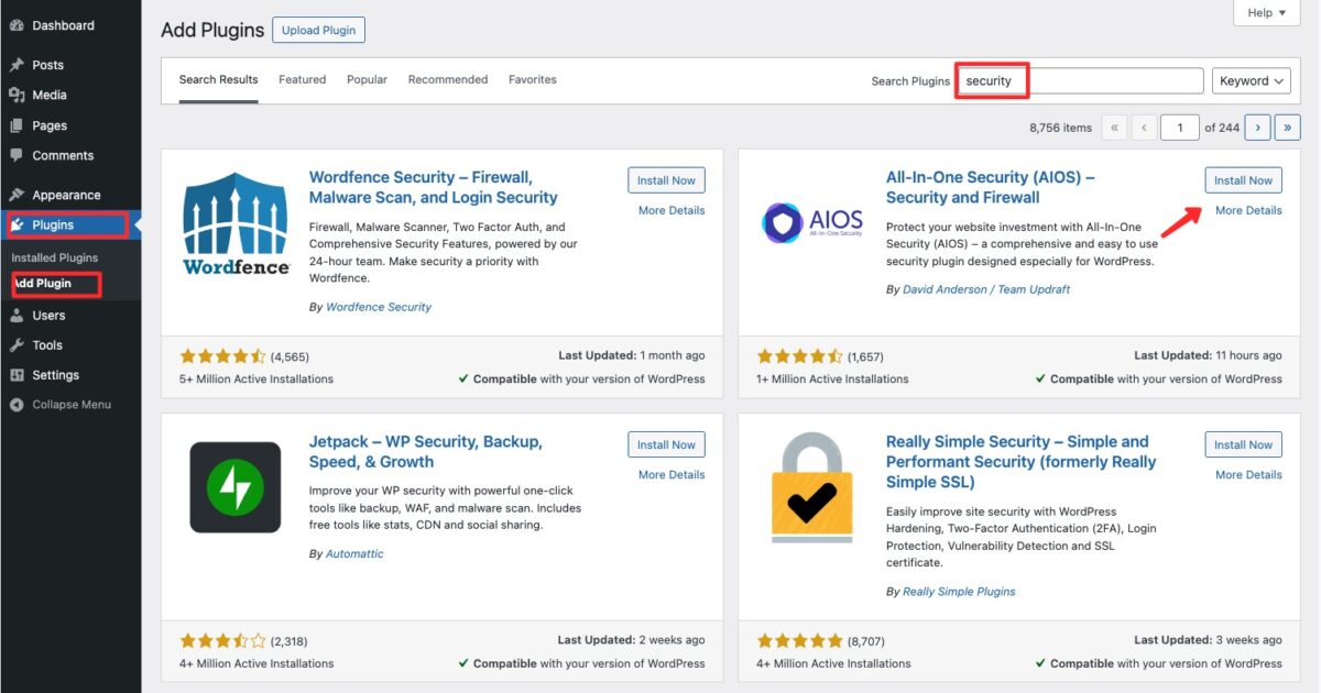 Install plugin keamanan All In One Security