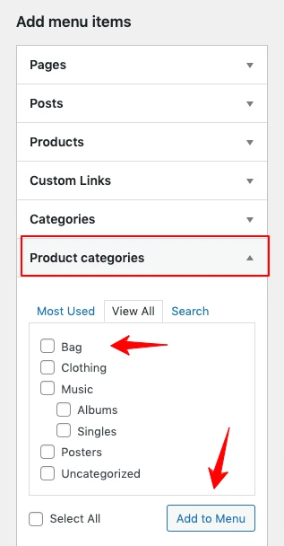 kategori produk menu di WordPress