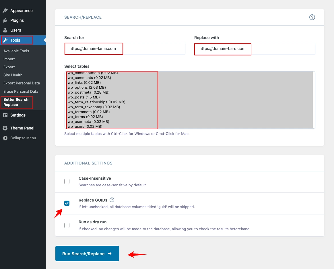 Instalasi plugin Better Search Replace menggunakan plugin Better Search Replace