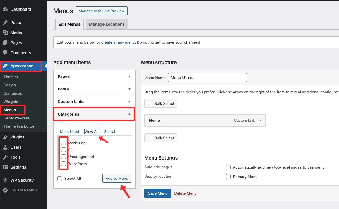 Menambahkan kategori wordpress ke menu utama