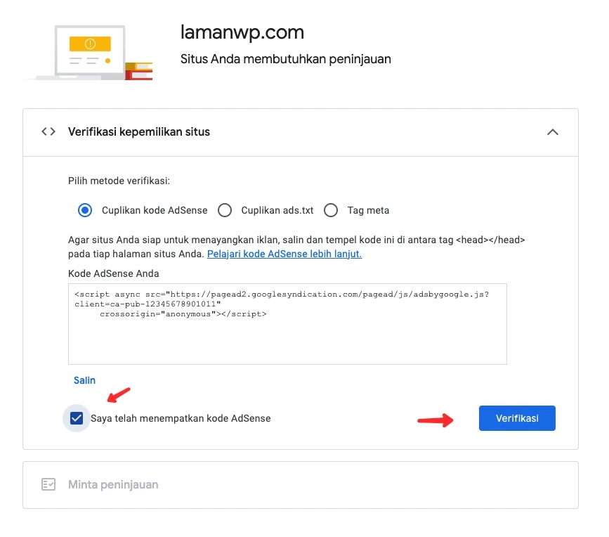Verifikasi website ke dari halaman Google AdSense