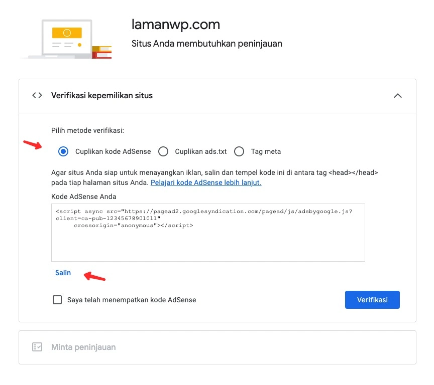 Kode verifikasi Google AdSense