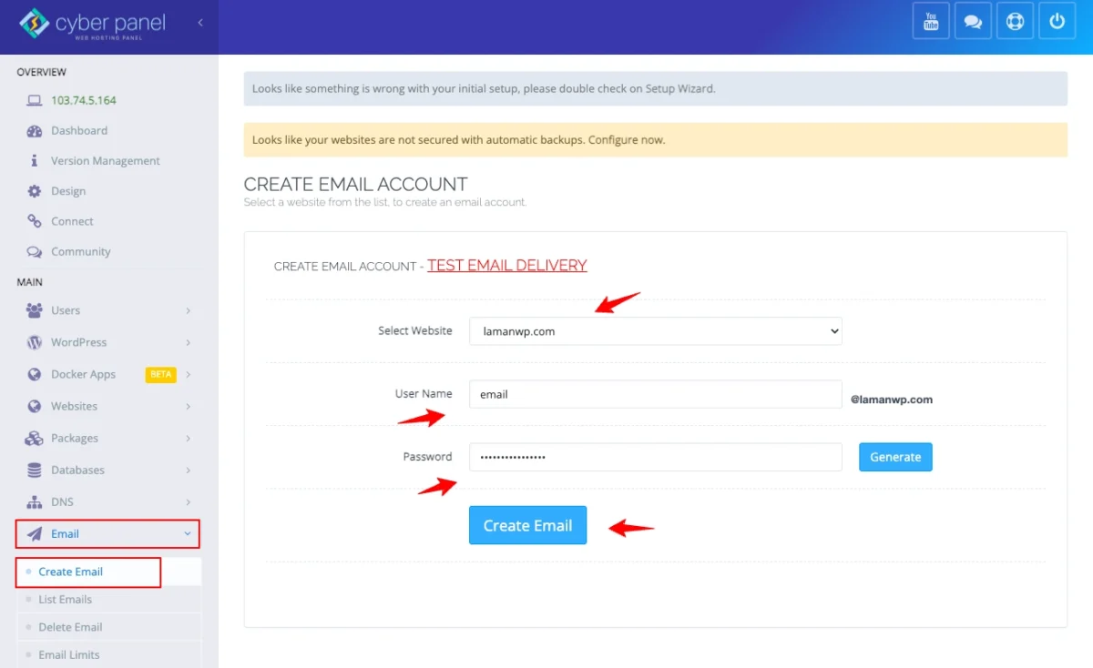 Membuat Alamat email baru di Cyberpanel