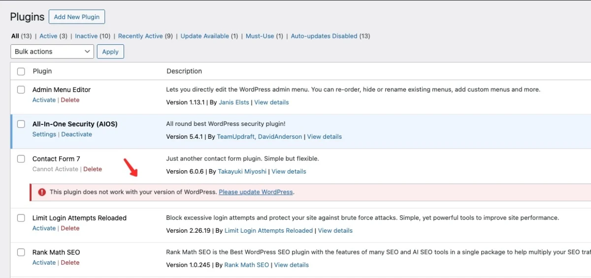 Contoh plugin tidak kompatibel dengan versi WordPress