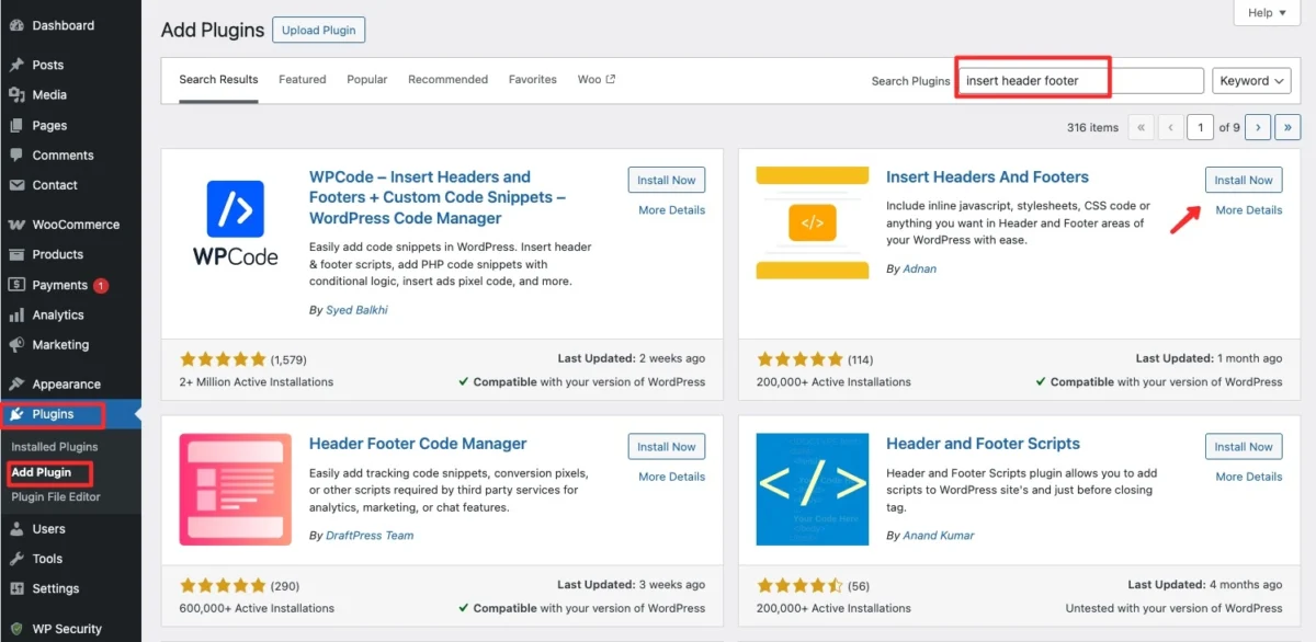 Install plugin Insert Header Footer