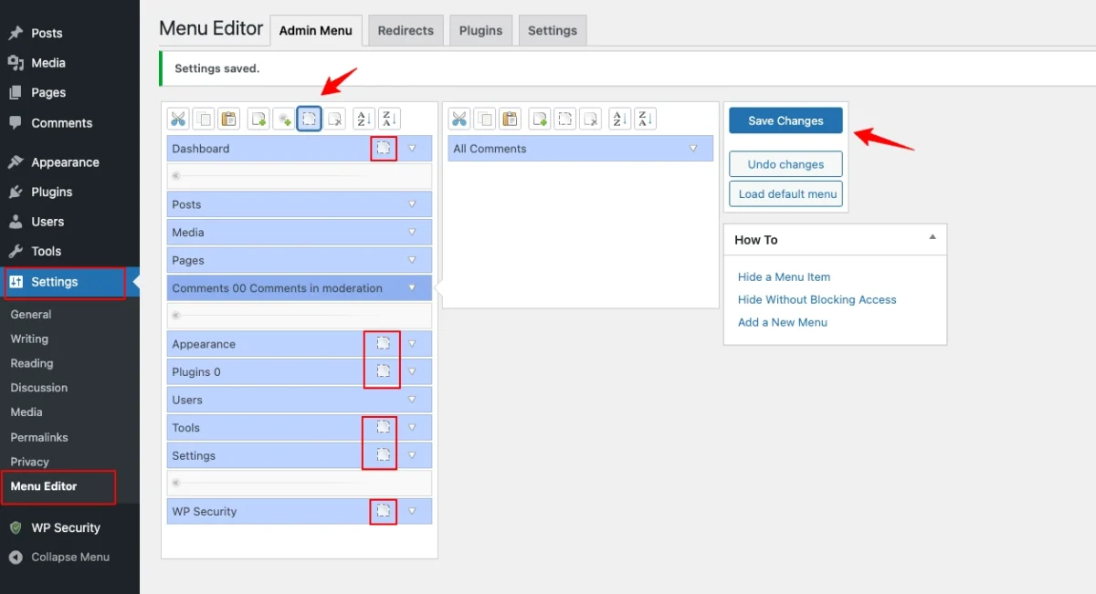 Tampilan opsi menu admin editor di WordPress