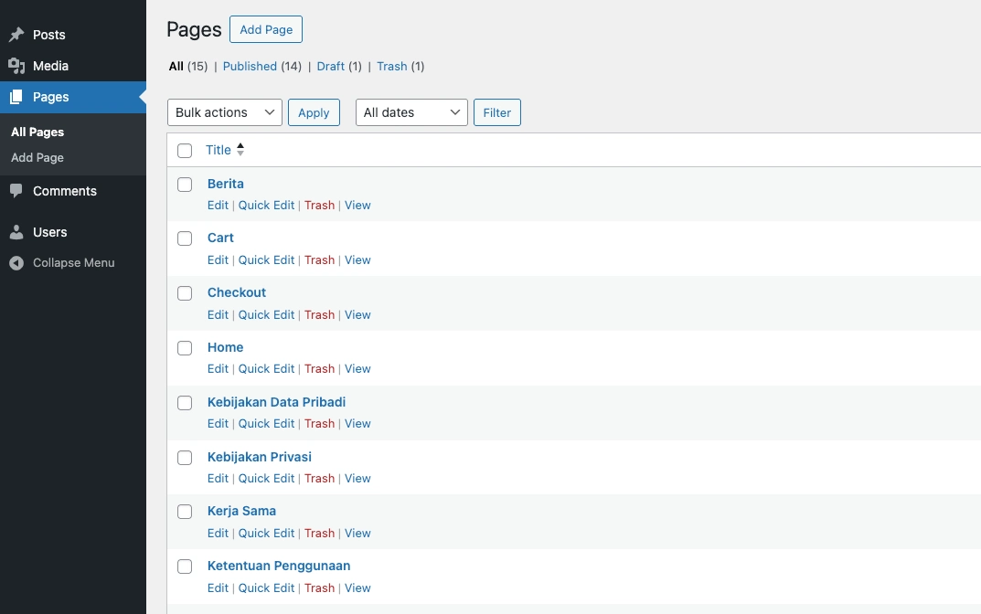 Tampilan menu admin WordPress setelah di sembunyikan