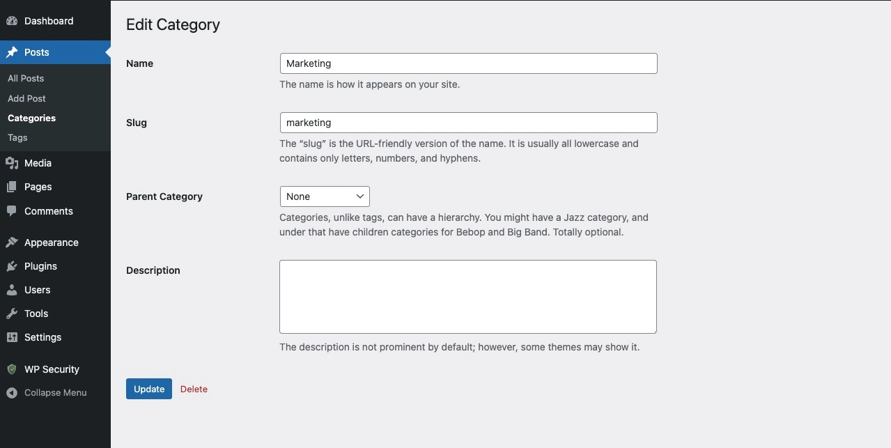Halaman edit kategori di WordPress