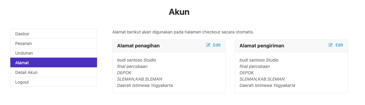 Alamat di member area WooCommerce
