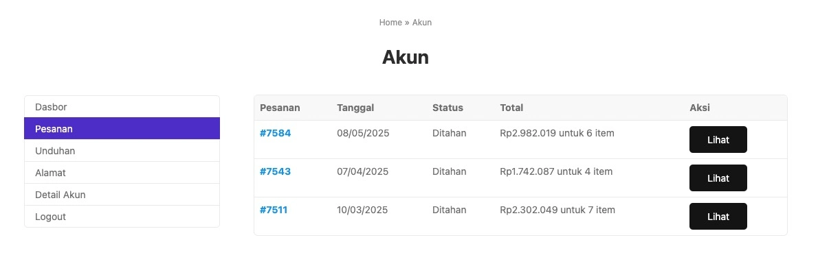 Riwayat pesanan di member area WooCommerce