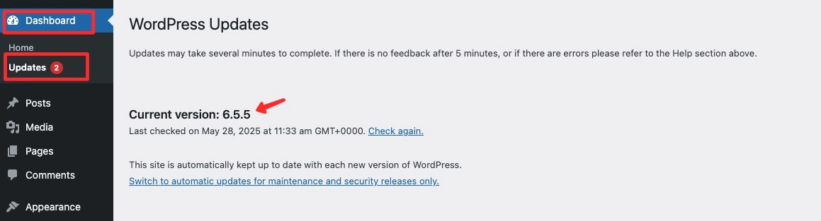 Cek versi WordPress yang saat ini sedang digunakan