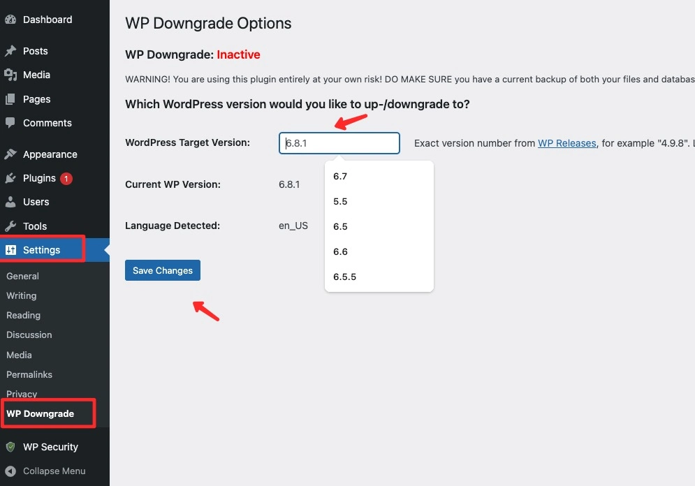 Pilih versi WordPress yang ingin didowngrade