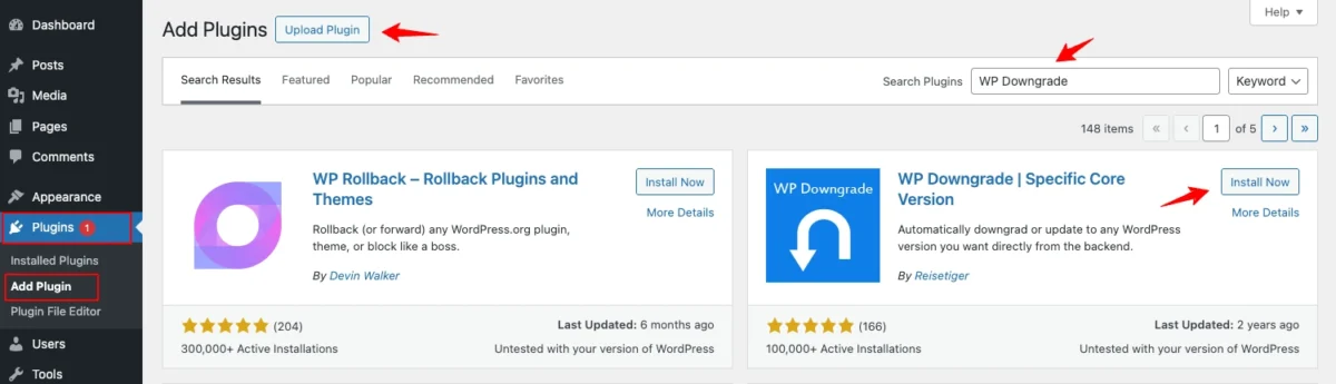 Install plugin WP Downgrade