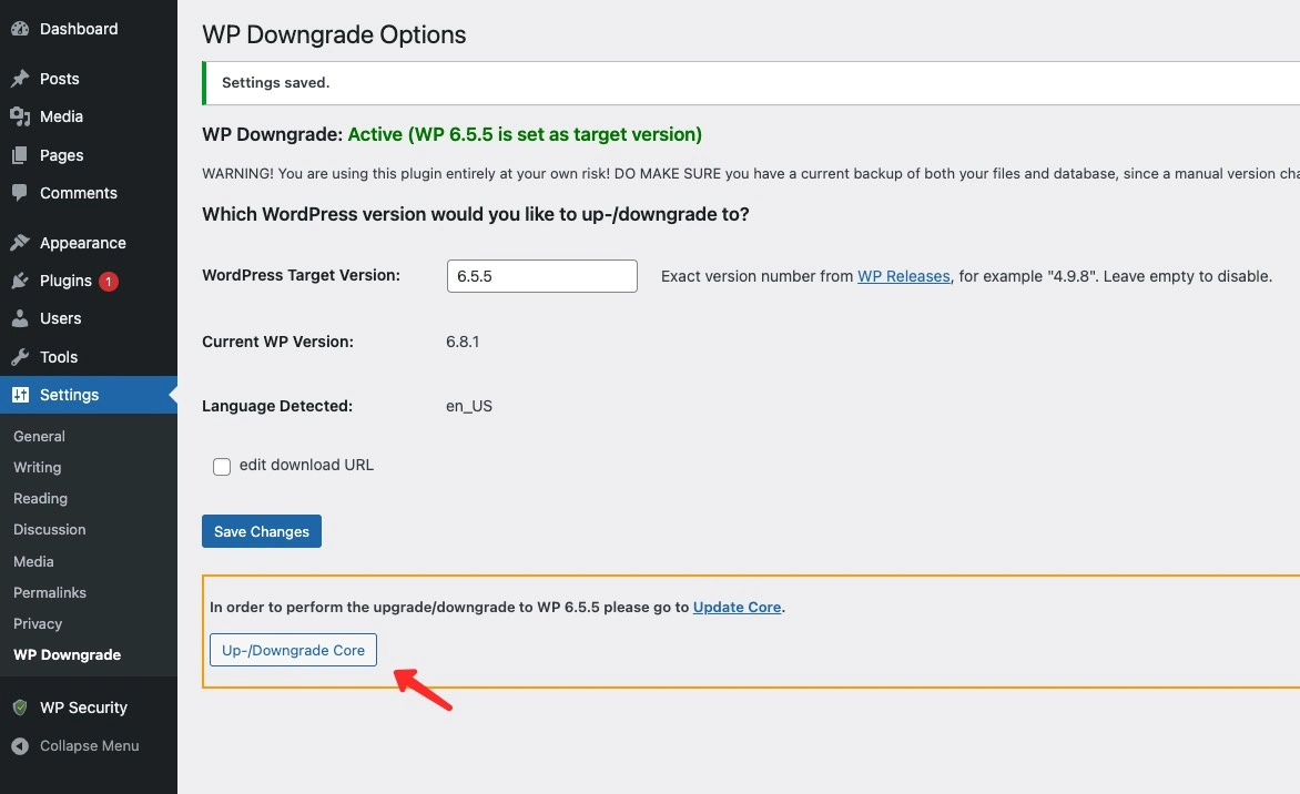Link untuk melakukan downgrade WordPress