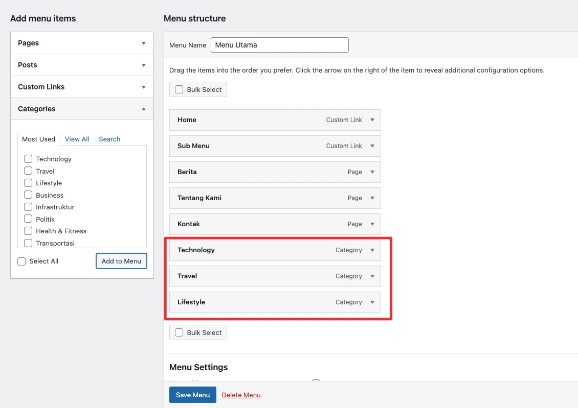 Menambahkan kategori menu di WordPress