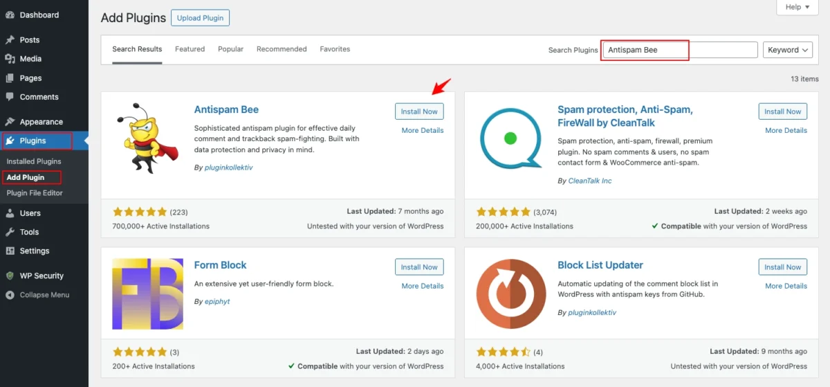 Instalasi plugin Antispam Bee