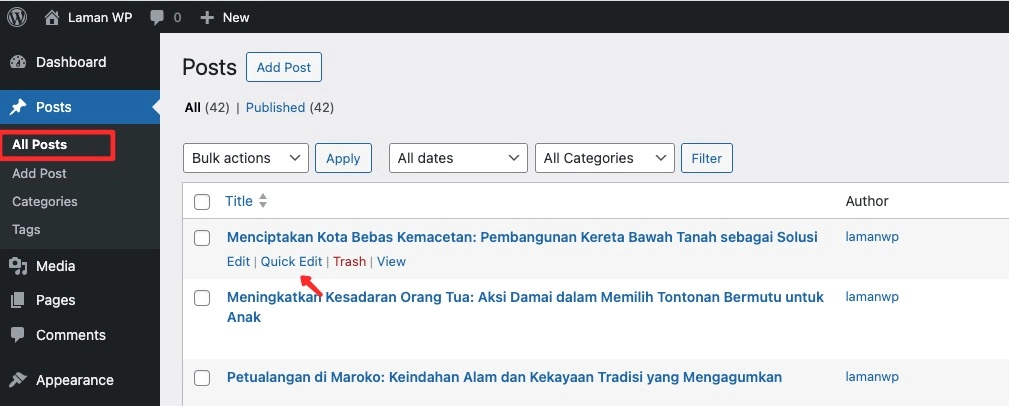 Cara Menonaktifkan Komentar di WordPress 1 Edit cepat pada artikel WordPress