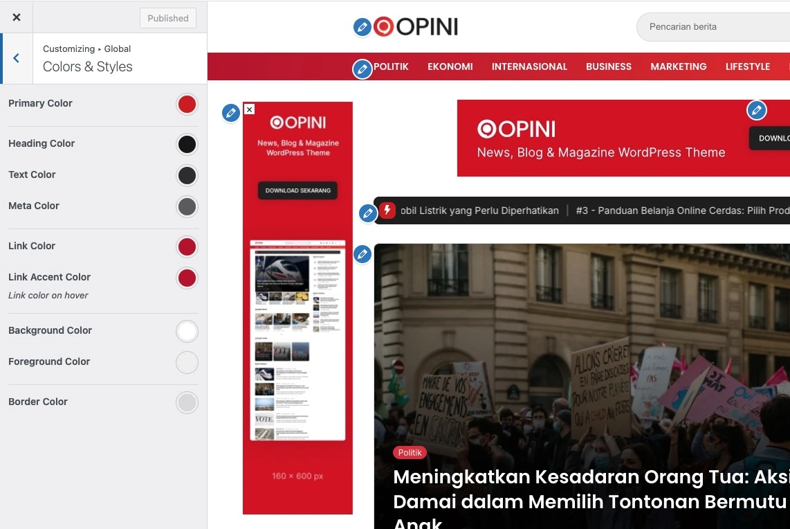 Opsi pengaturan warna tema berita Opini WP