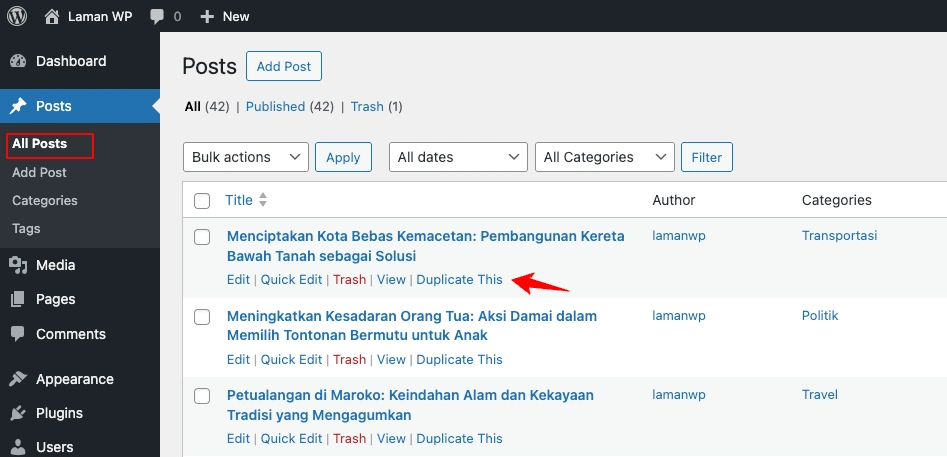 Cara Duplicate Post dan Page di WordPress 3 Duplicate artikel post di WordPress