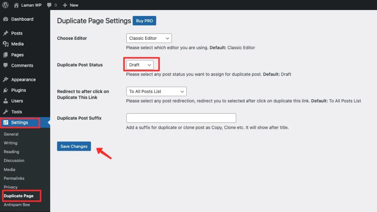 Cara Duplicate Post dan Page di WordPress 5 Pengaturan status default plugin Duplicate Page