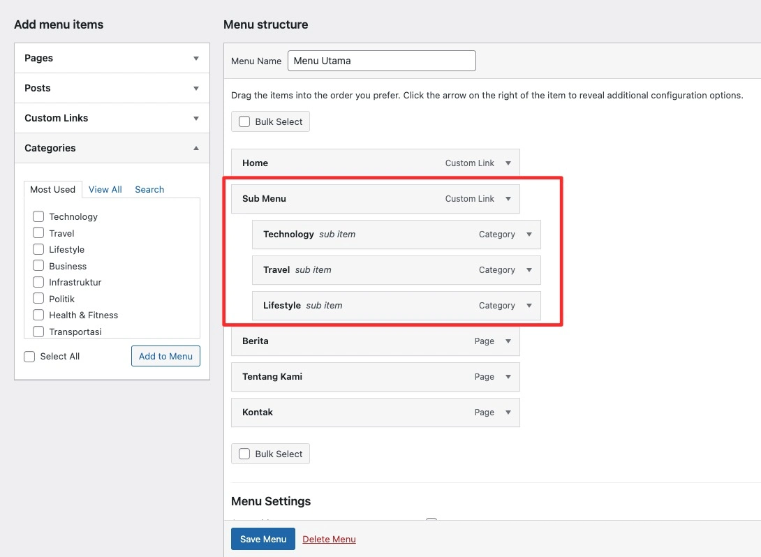 Merubah menu menjadi sub menu di WordPress