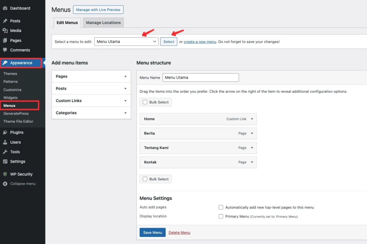 Memilih lokasi menu di WordPress