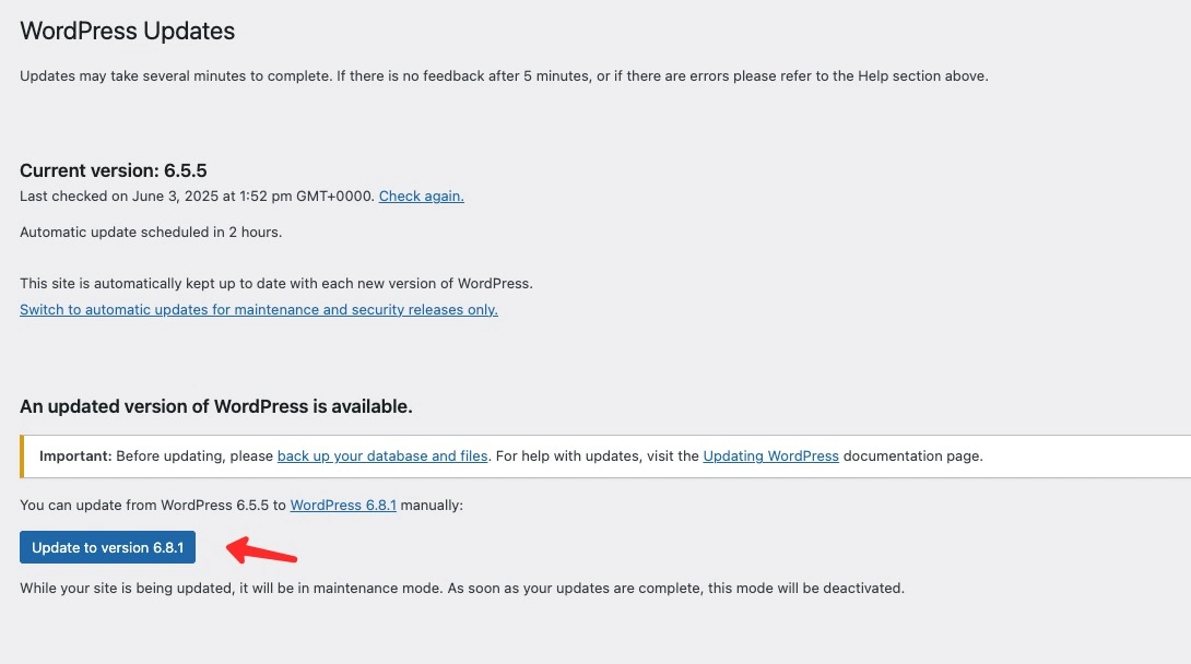 Mulai proses untuk melakukan upgrade versi WordPress