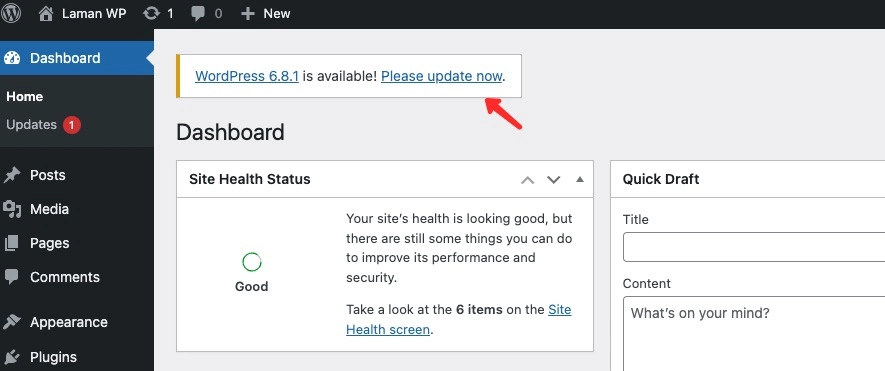 Notifikasi update WordPress versi terbaru