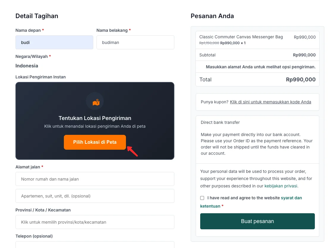 Tutorial Setting Ongkir AgenWebsite di WooCommerce 16 agenwebsite-checkout-pilih-lokasi-gosend