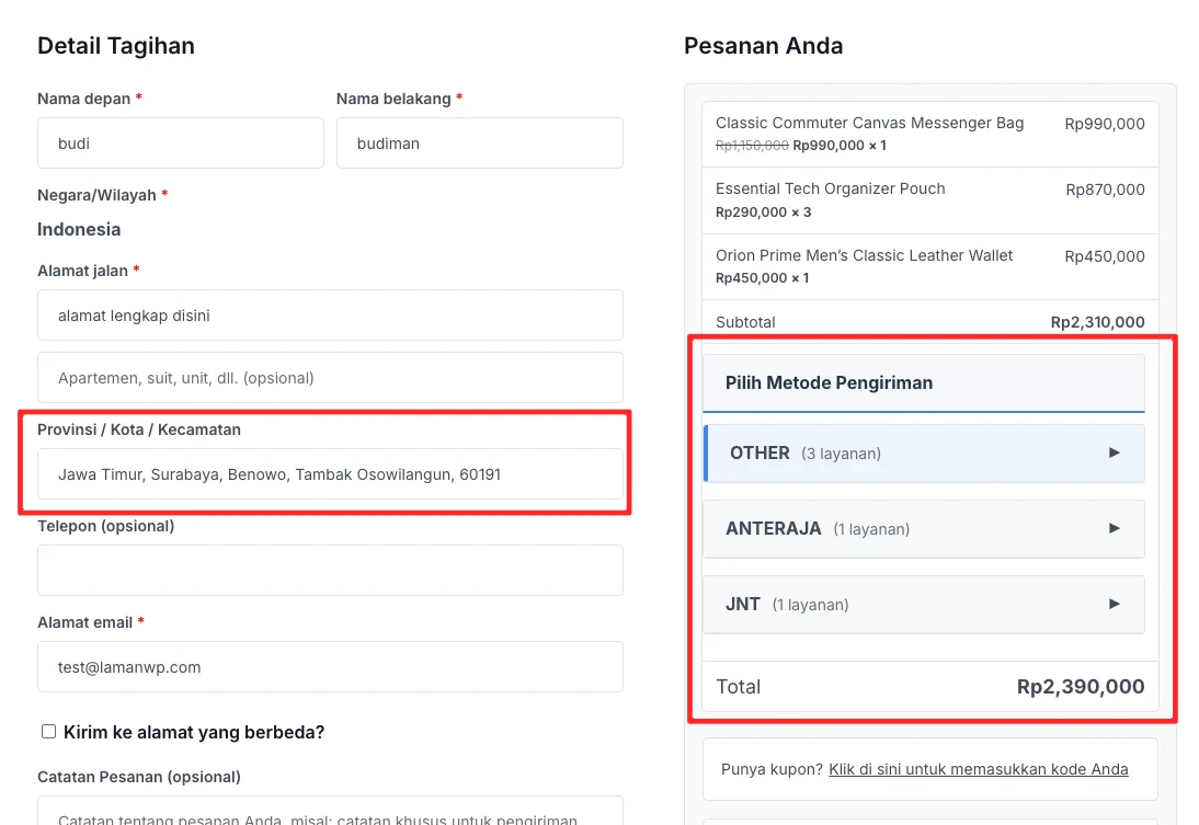 Tutorial Setting Ongkir AgenWebsite di WooCommerce 8 agenwebsite-checkout-preview