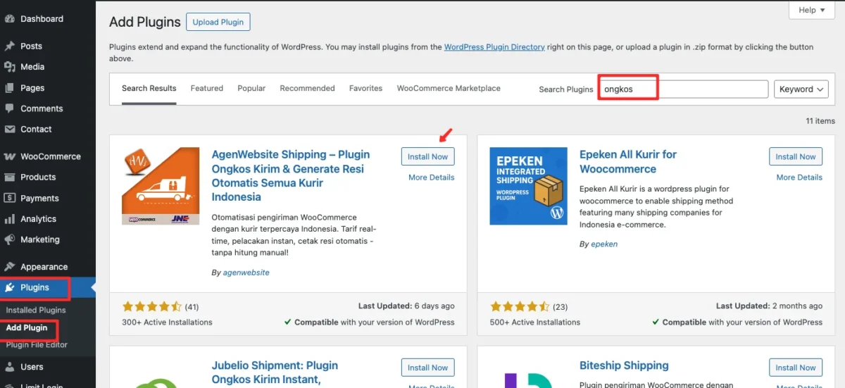 Tutorial Setting Ongkir AgenWebsite di WooCommerce 1 Install plugin ongkos kirim AgenWebsite