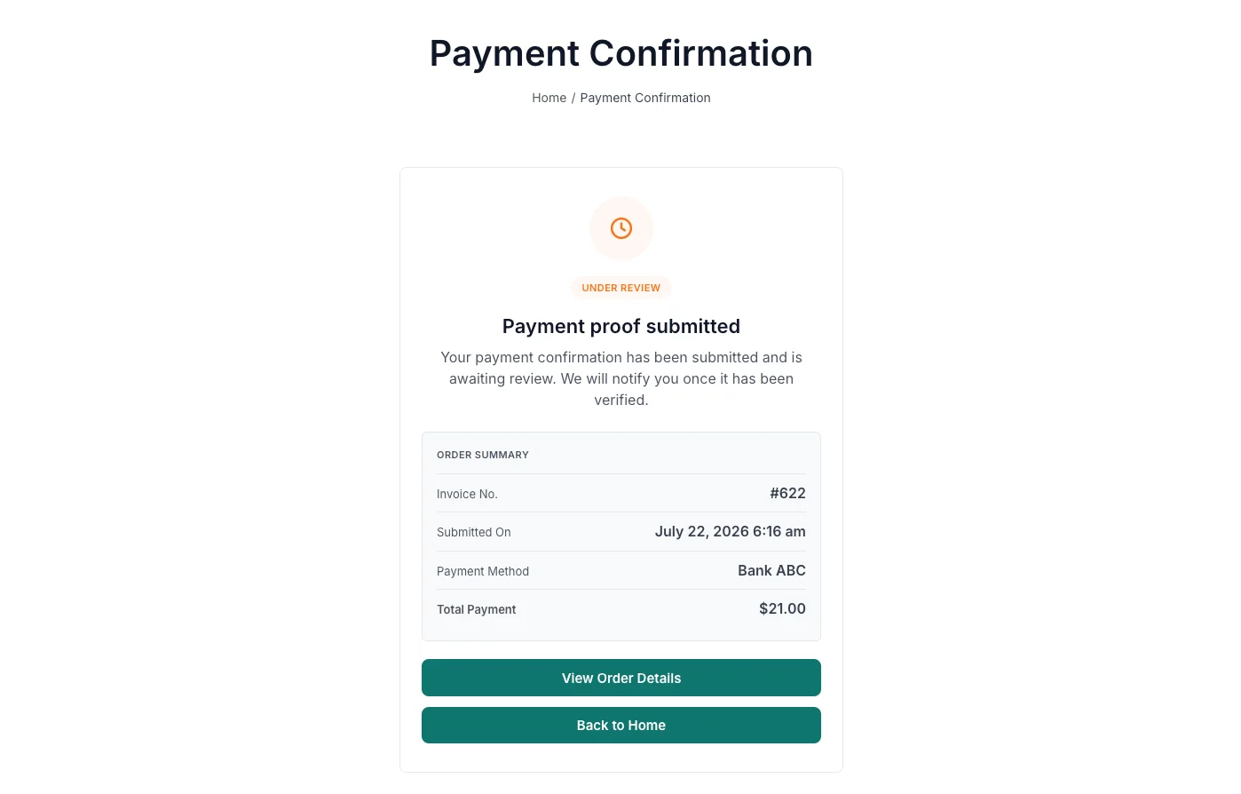 Plugin Konfirmasi Pembayaran WooCommerce 7 Status konfirmasi pembayaran WooCommerce "Under Review" setelah bukti transfer diupload