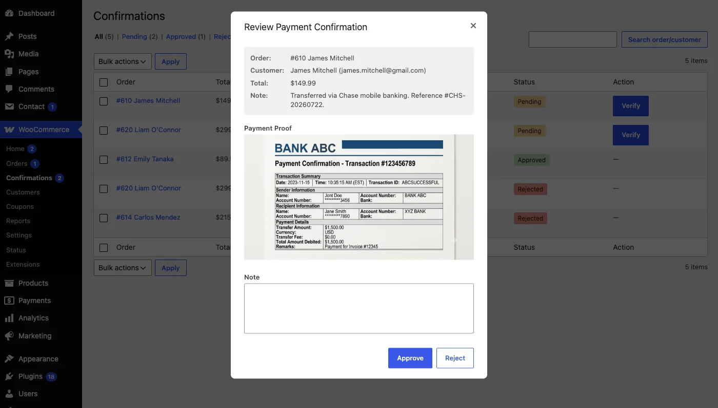 Plugin Konfirmasi Pembayaran WooCommerce 9 Halaman review admin untuk menyetujui atau menolak konfirmasi pembayaran WooCommerce