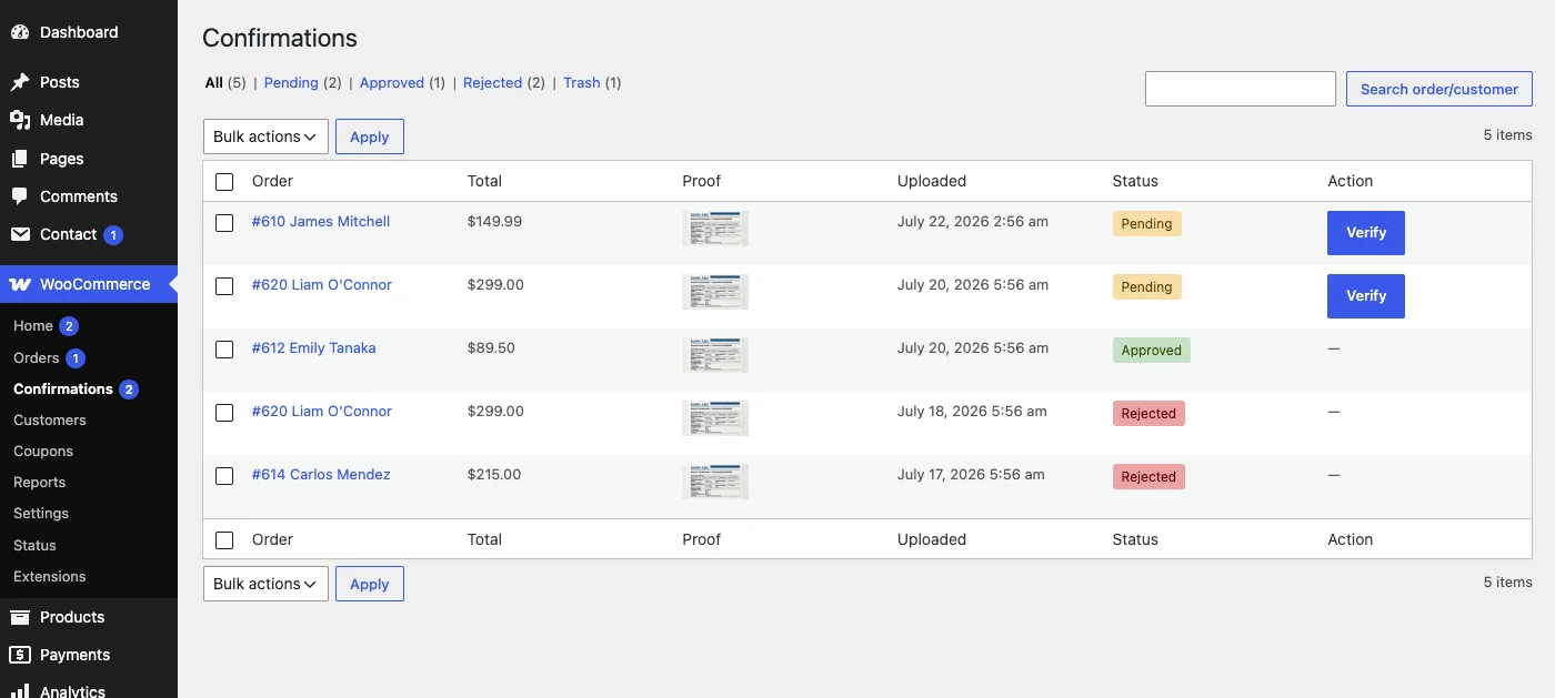 Plugin Konfirmasi Pembayaran WooCommerce 8 Daftar konfirmasi pembayaran WooCommerce yang masuk di dashboard admin