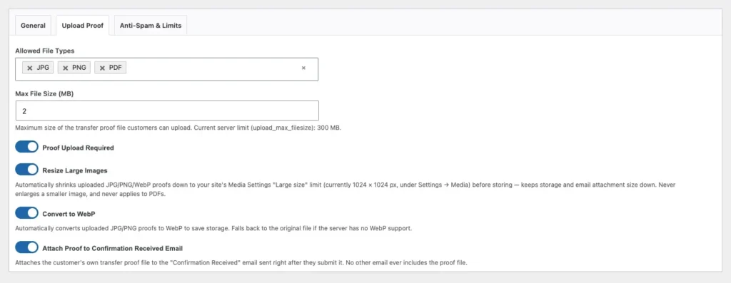 Plugin Konfirmasi Pembayaran WooCommerce 4 Pengaturan Upload Proof Tab untuk bukti transfer di plugin konfirmasi pembayaran WooCommerce