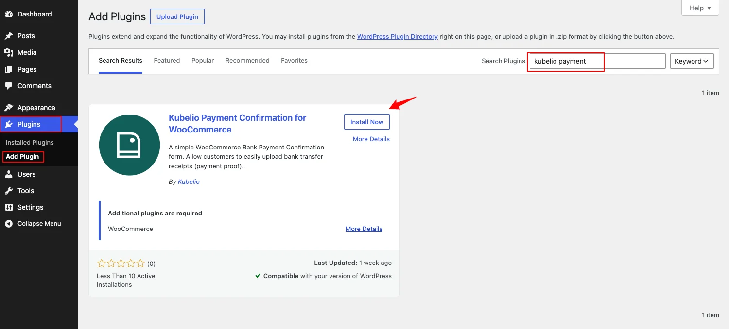 Plugin Konfirmasi Pembayaran WooCommerce 2 Instalasi plugin konfirmasi pembayaran WooCommerce dari halaman Plugins WordPress