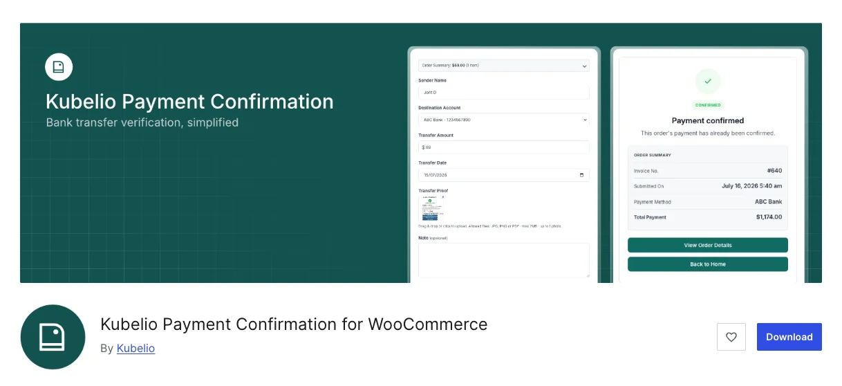 Plugin Konfirmasi Pembayaran WooCommerce 1 Halaman plugin konfirmasi pembayaran WooCommerce Kubelio Payment Confirmation di WordPress.org