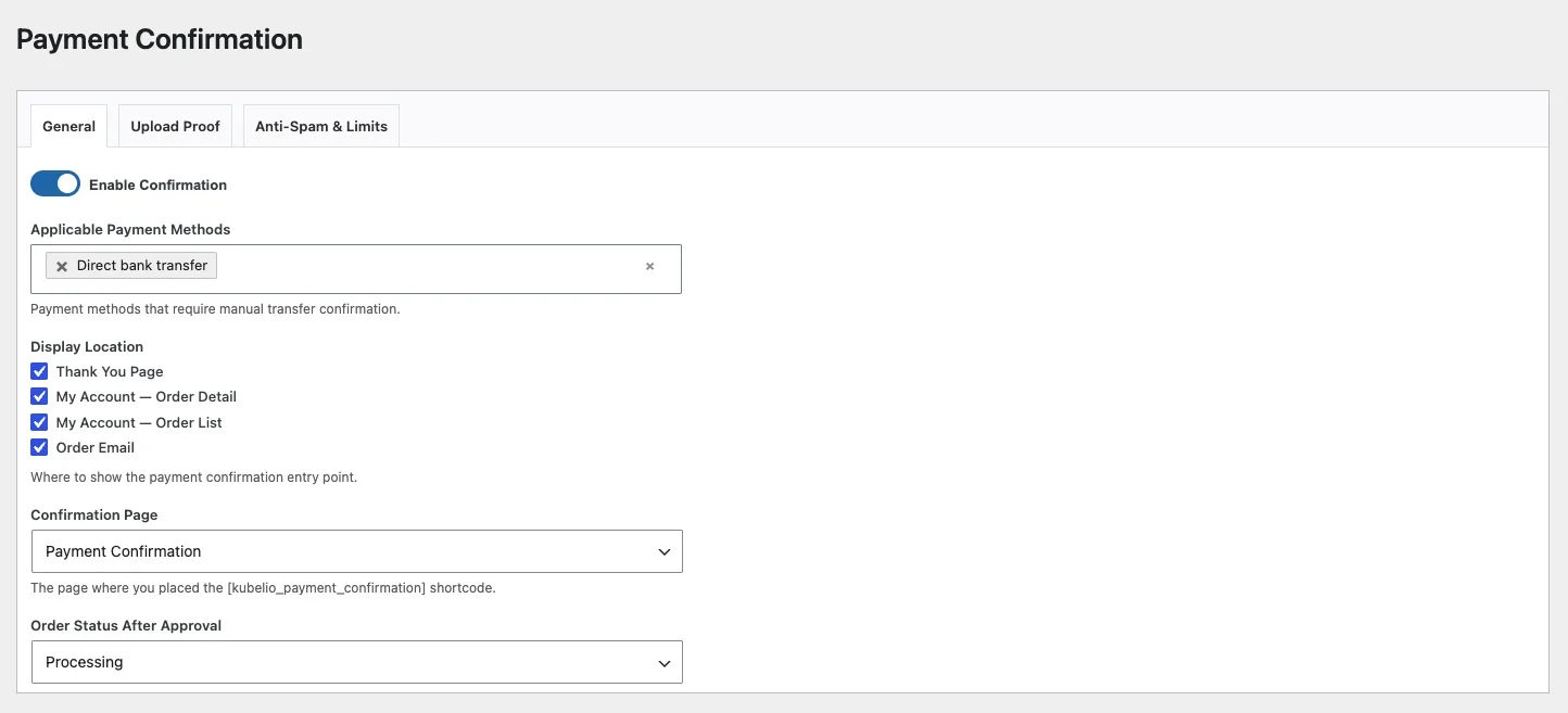 Plugin Konfirmasi Pembayaran WooCommerce 3 Pengaturan General Tab plugin konfirmasi pembayaran WooCommerce